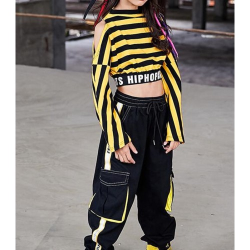 Girls kids yellow striped hiphop dance costumes rap model show performance tops and pants gogo dancers dance tops pants